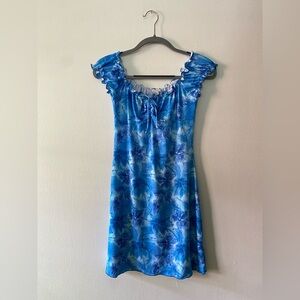 VTG 1990s Blue Hawaiian Palm Tree & Hibiscus Mini Dress Blue Crush Medium